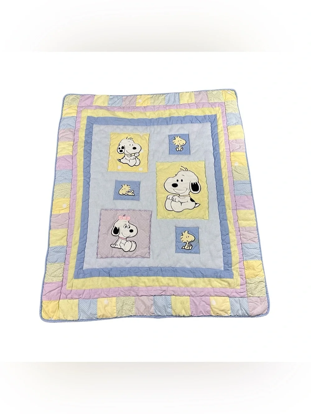 Vintage Peanuts Snoopy Woodstock Baby Crib Quilt Pastel Patchwork Lambs & Ivy
